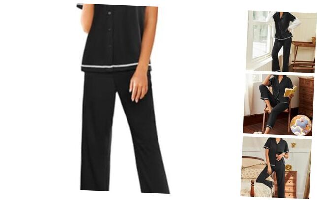 Cotton Pamajas Sets for Women 2 Piece Button Down Short Sleeve Pj Small Black