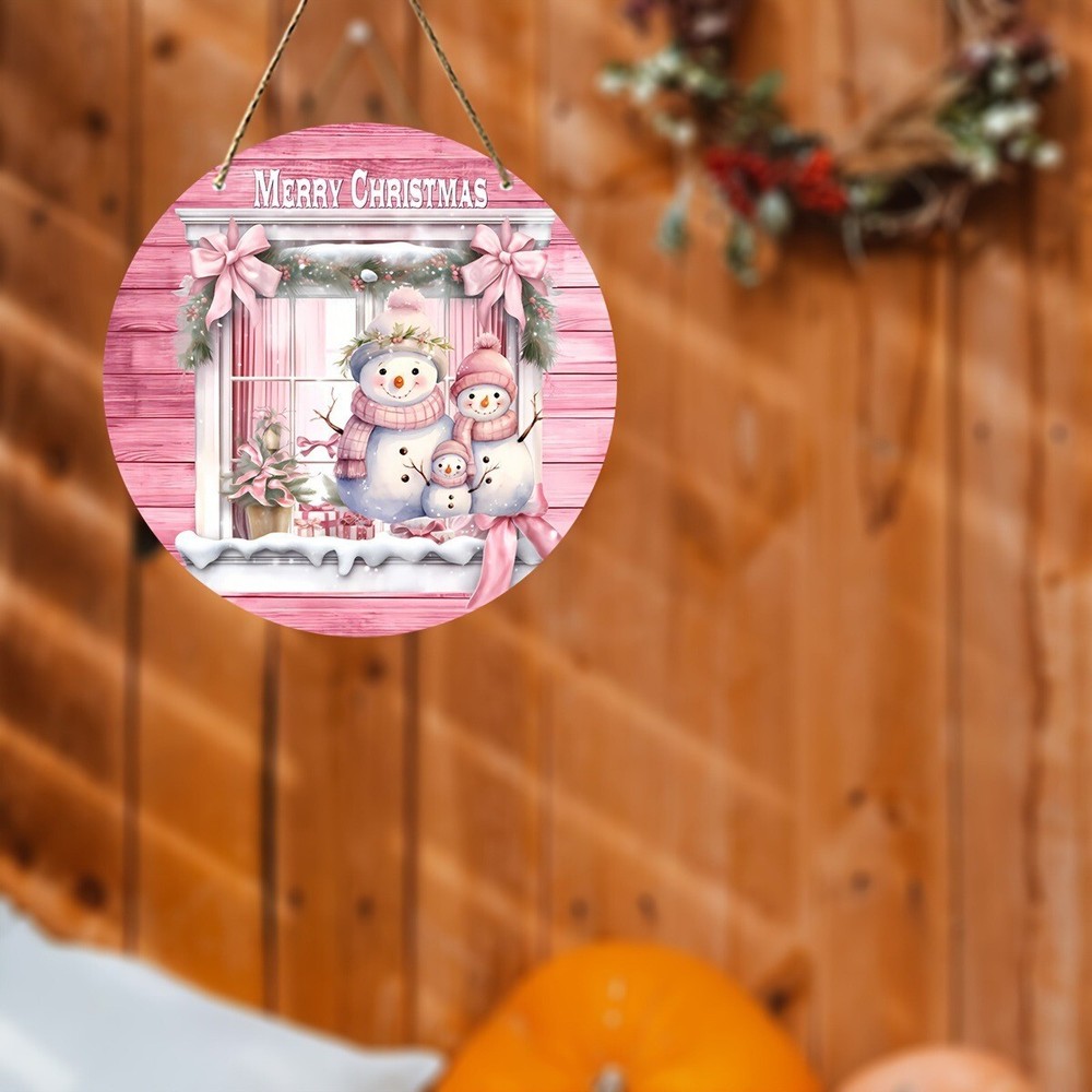 Merry Christmas PinkSnowman Family Wooden Circular LogoCreative Decorative Board
