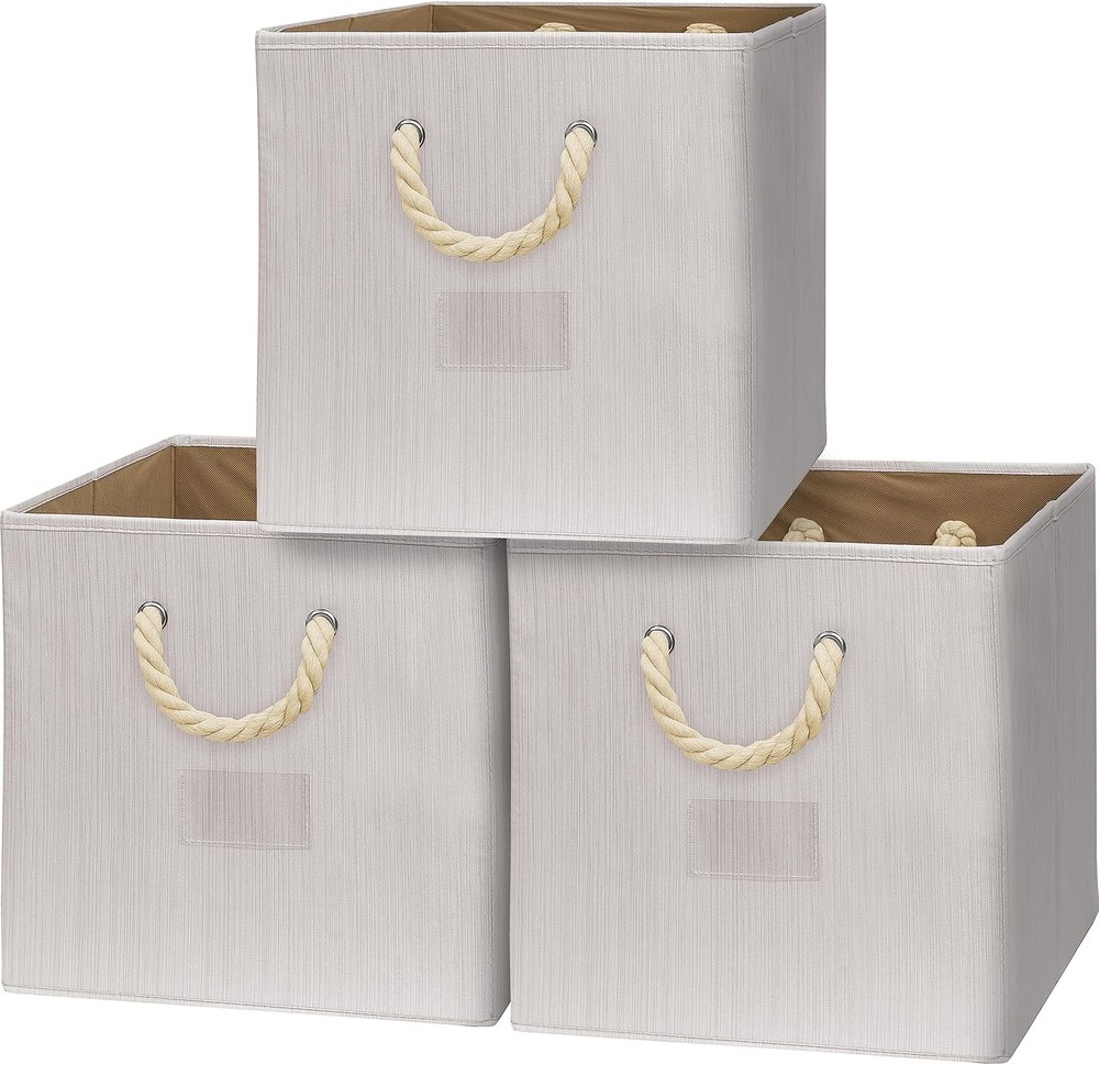 13-Inch Cube Storage Bin With Braided Handles, 3 Pack, Ivory