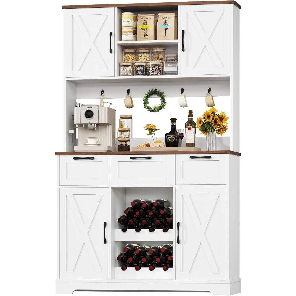 72 Inch Large Kitchen Pantry Storage Cabinet with Barn Doors and Drawers