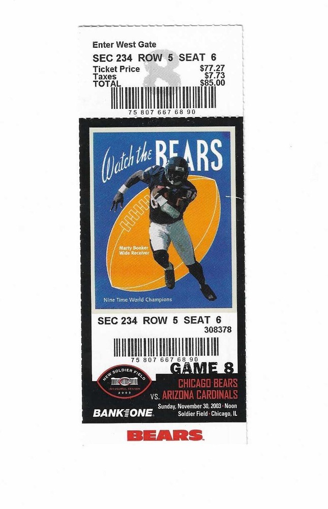 Chicago Bears vs Arizona Cardinals Unused Football Ticket From 11/30/2003