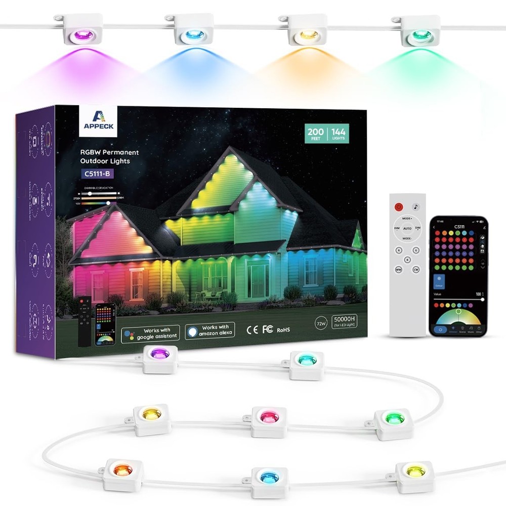 Permanent Outdoor Lights 200ft with 144 Lights, 72W RGBW Eaves Lights, DC 36V...