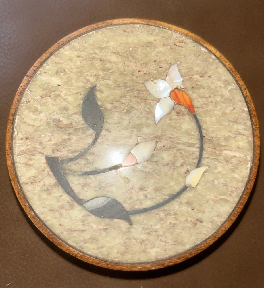 VTG Hand Carved Soap Stone Mother of Pearl Inlay Trinket Jewelry Box Wood base