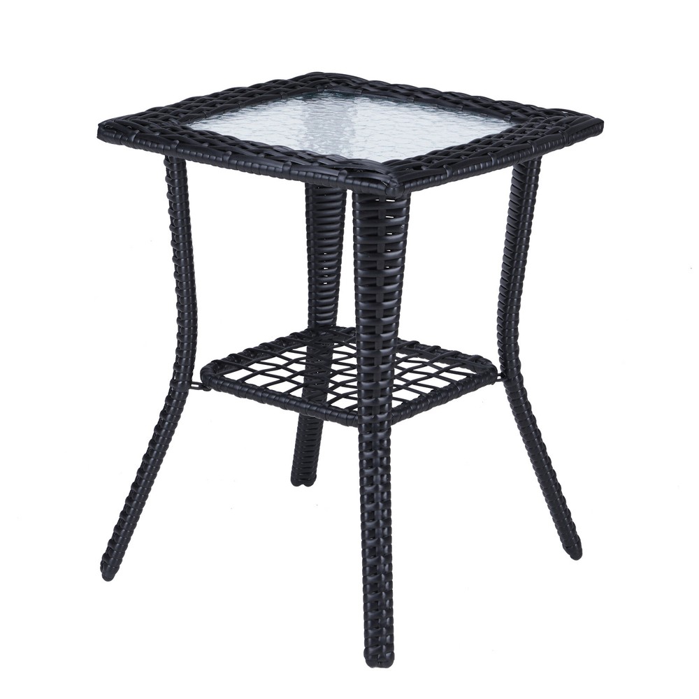 Black Wicker Rattan Side Table with Glass Top for Patio Garden For Indoor
