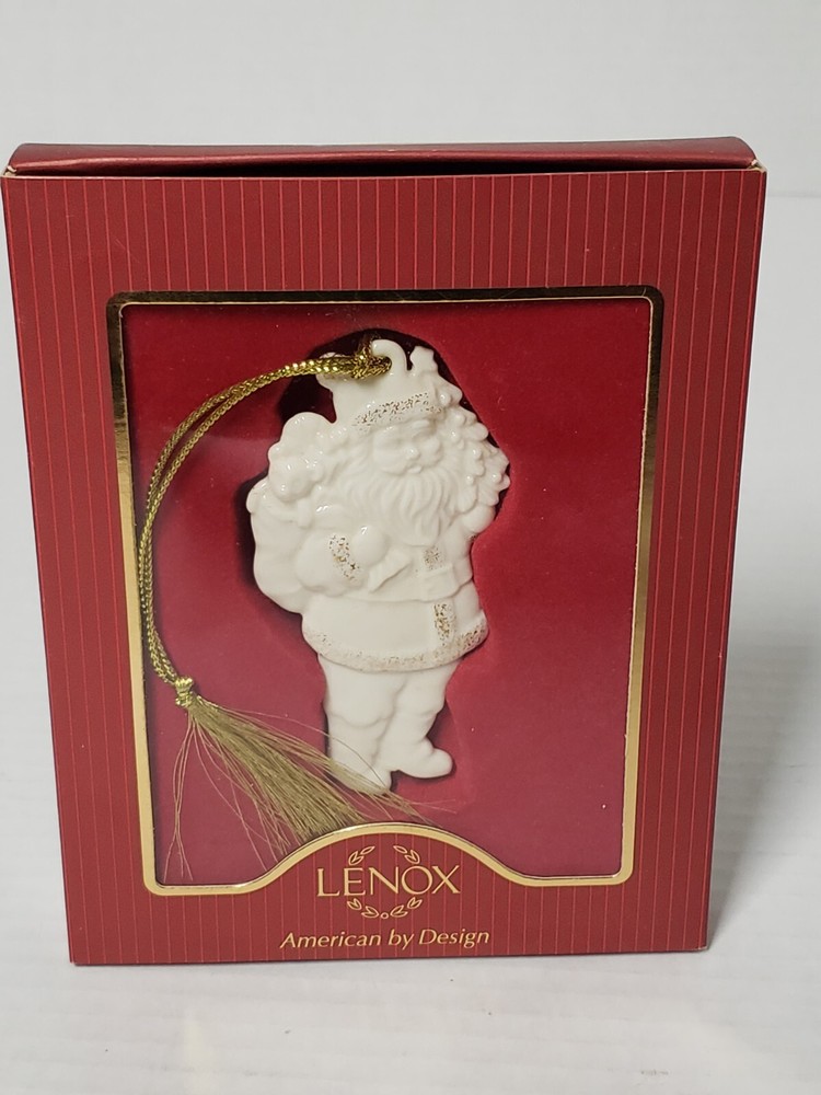 VINTAGE LENOX  PORCELAIN IVORY SANTA WITH GOLD GLITTER & TASSEL ORIGINALBOX/TAGS