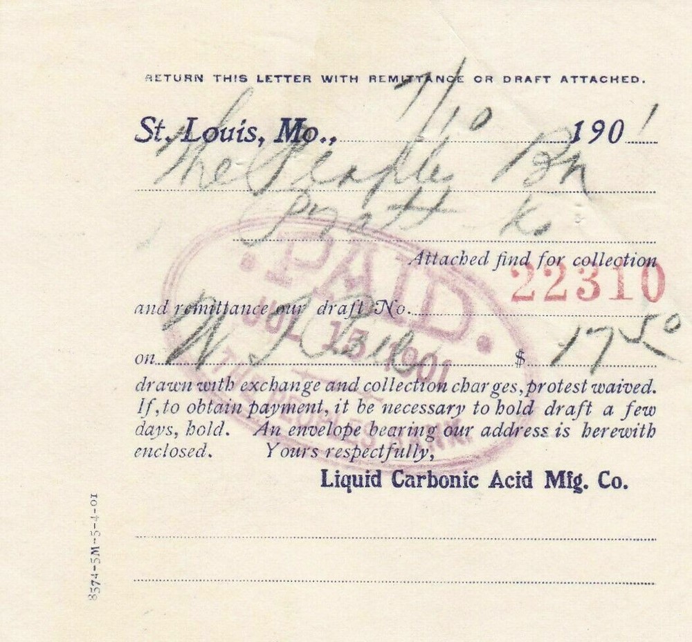 U.S. Liquid Carbonic Acid Manufacturing Co. St. Louis 1901 Paid Invoice Rf 41300