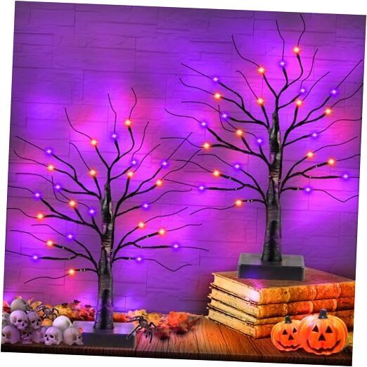 2 Pack 24 Inch Black Halloween Tree with 24 LED Orange Purple Lights,