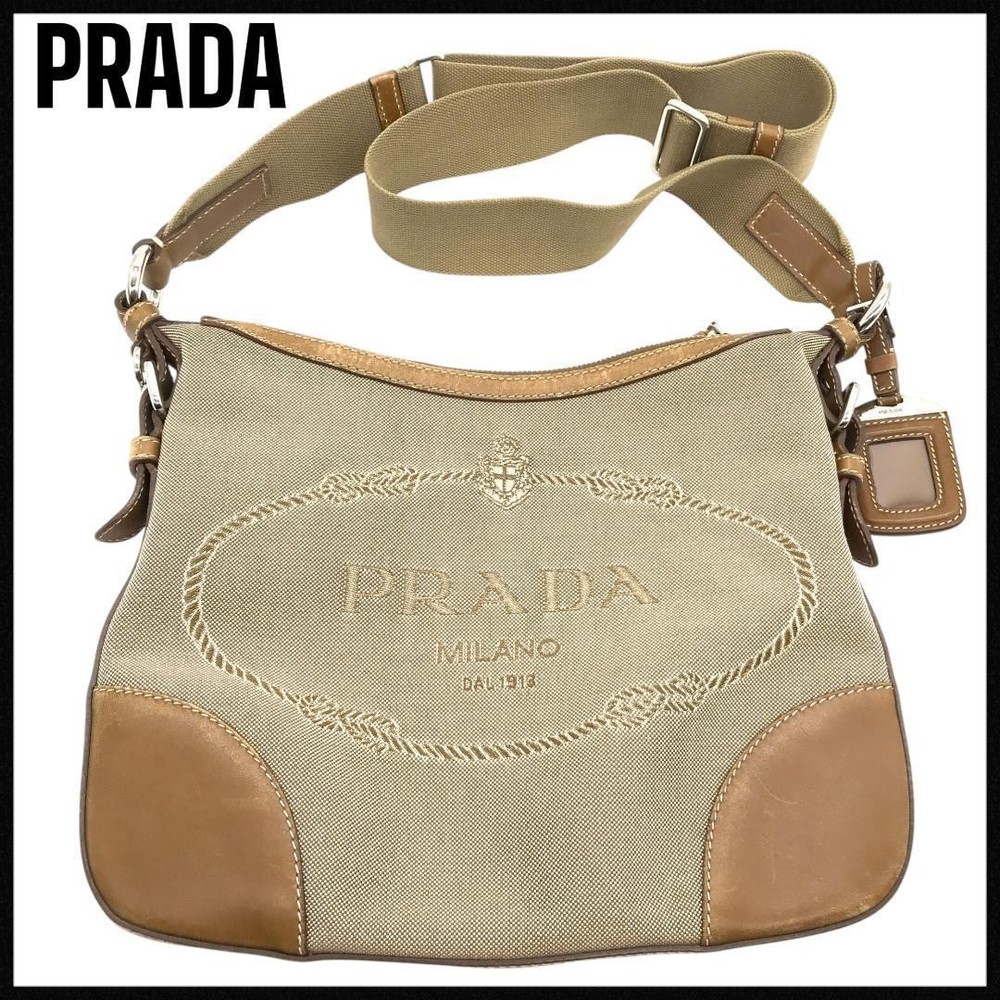 Prada Jacquard Leather & Canvas Shoulder Bag Crossbody Made in Japan
