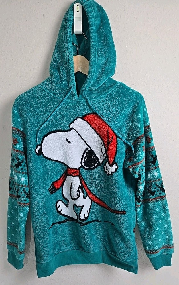 Peanuts Snoopy Christmas Sweater Hoodie Women's Medium Green Fleece Woodstock