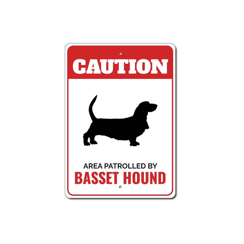 Patrolled By Basset Hound Caution Metal Sign Kennel Breed Canine K9 Paw Animal