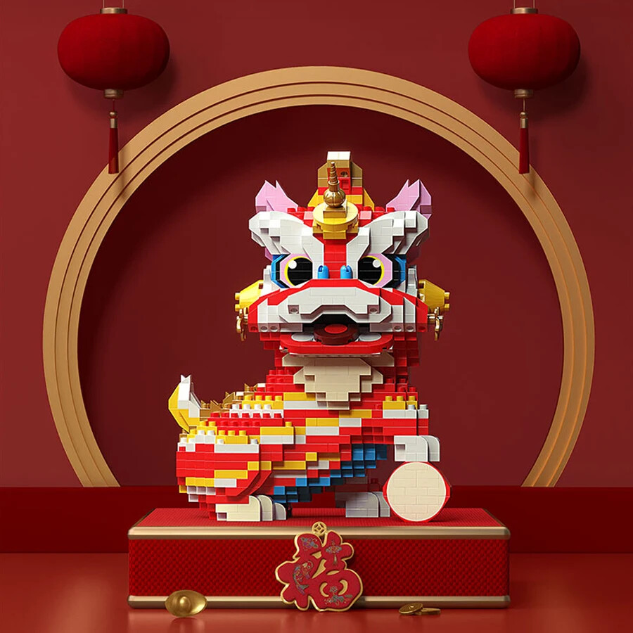 Chinese Style Lion Dance Micro Building Blocks DIY Toys Desktop Decorations