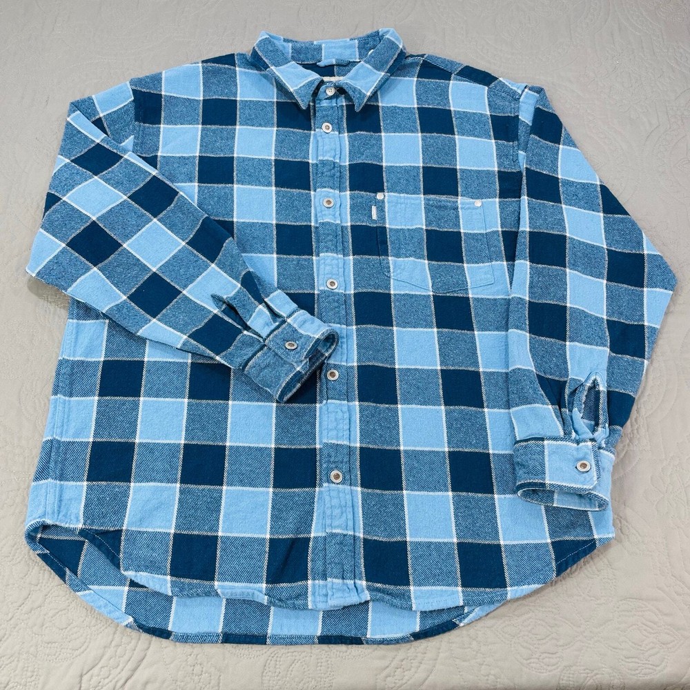 Levis Silver Tab Shirt Mens Medium Oversized Blue Plaid Metal Button Flannel