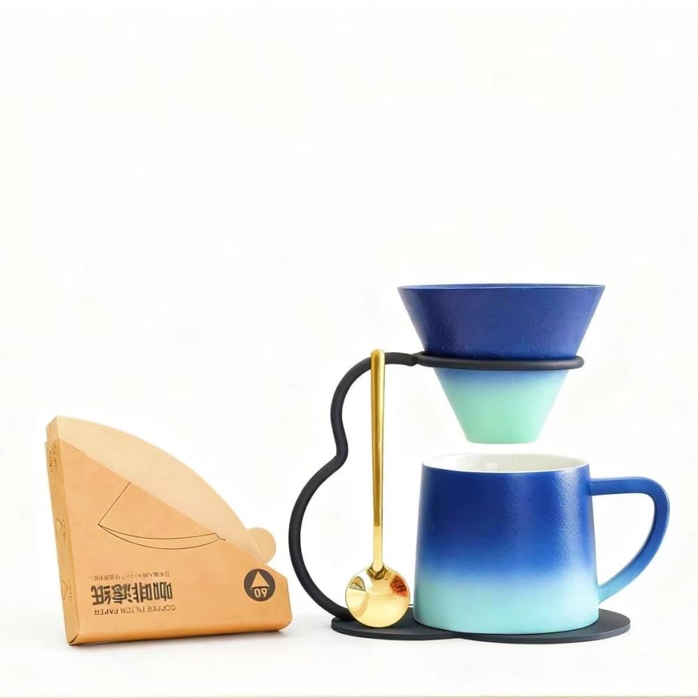 Pour Over Coffee Maker Set Ceramic V60 Dripper Blue Mug 40 Paper Filters