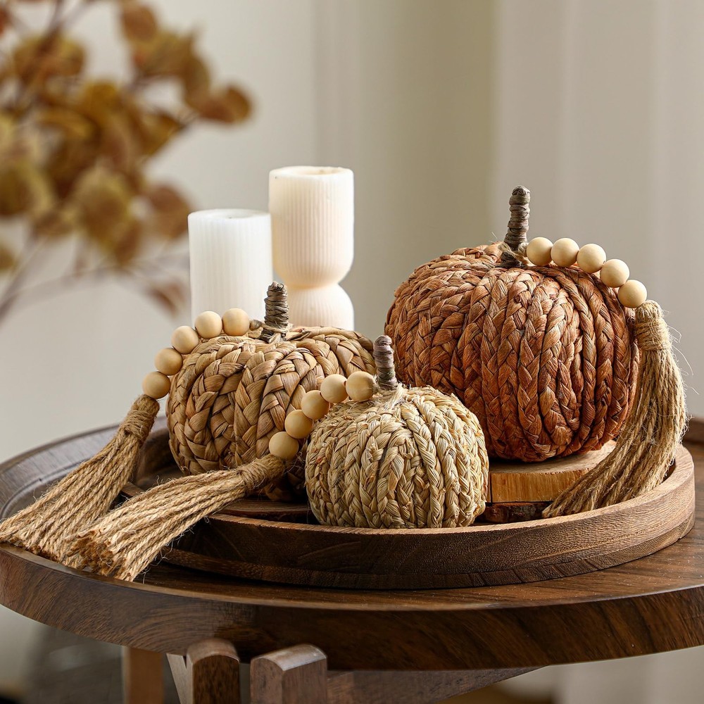 3 Pcs Rattan Pumpkin with Tassel Beads Boho Neutral Fall Thanksgiving Decor H...