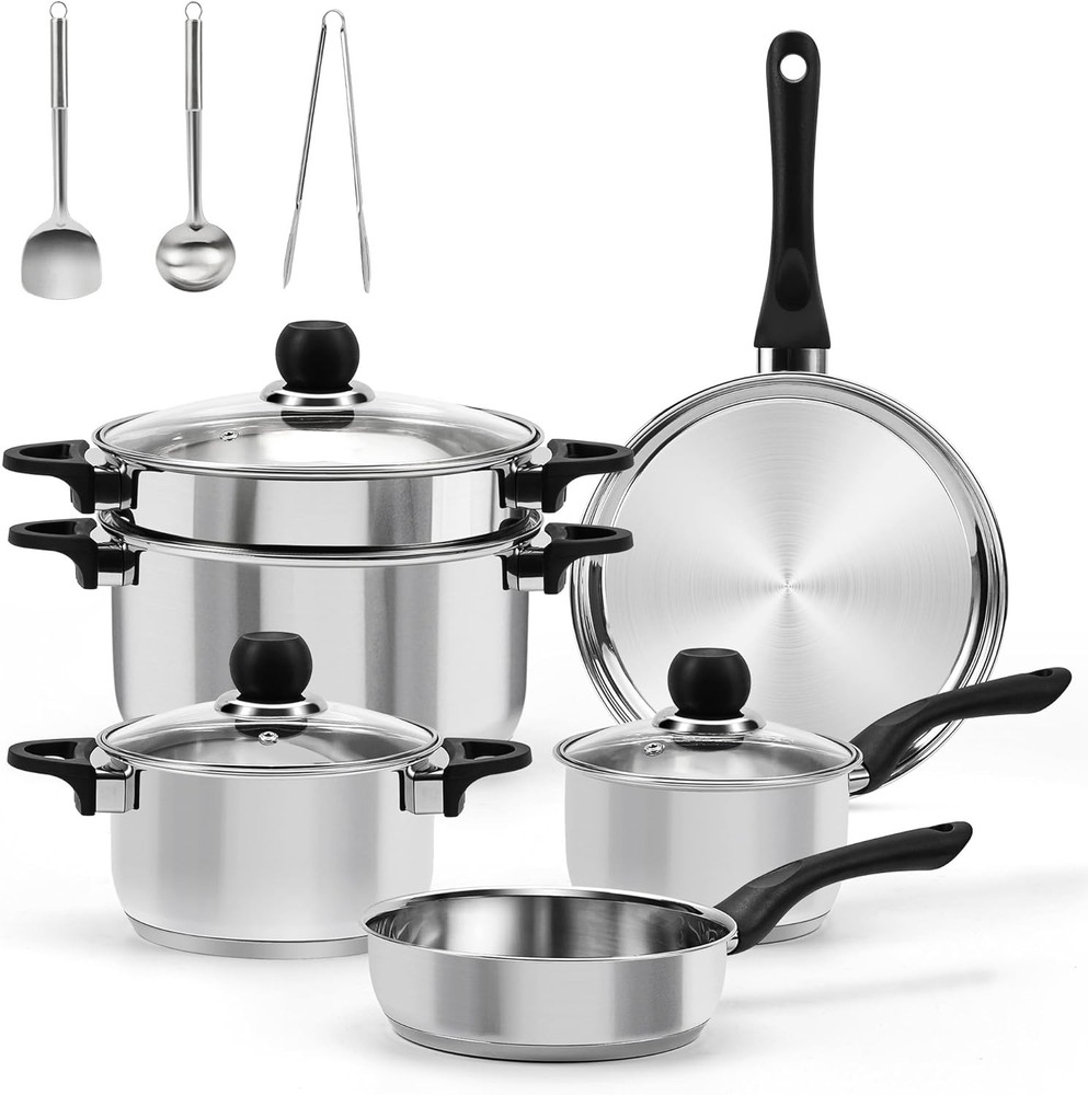 12-Piece Stainless Steel Cookware Set Pots and Pans in Silver