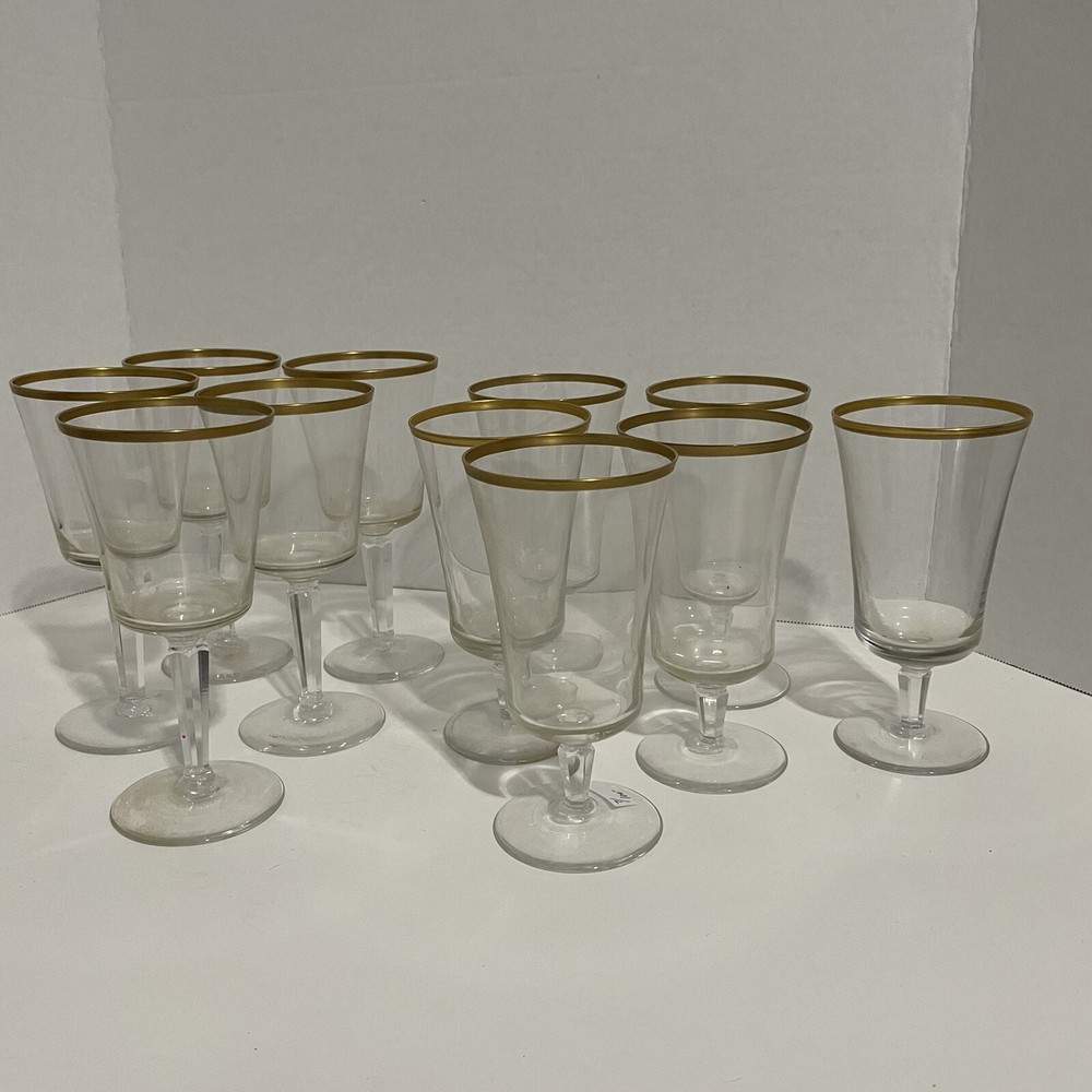 Vintage Mid Century Modern Gold Rimmed Wine Glass Set of 11 Water Goblets