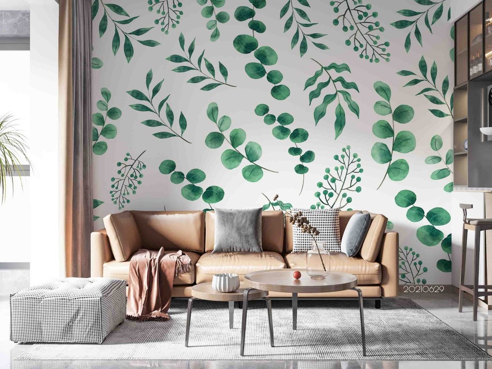 3D Green Leaves Watercolor Pattern Wall Murals Wallpaper Murals Wall Sticker
