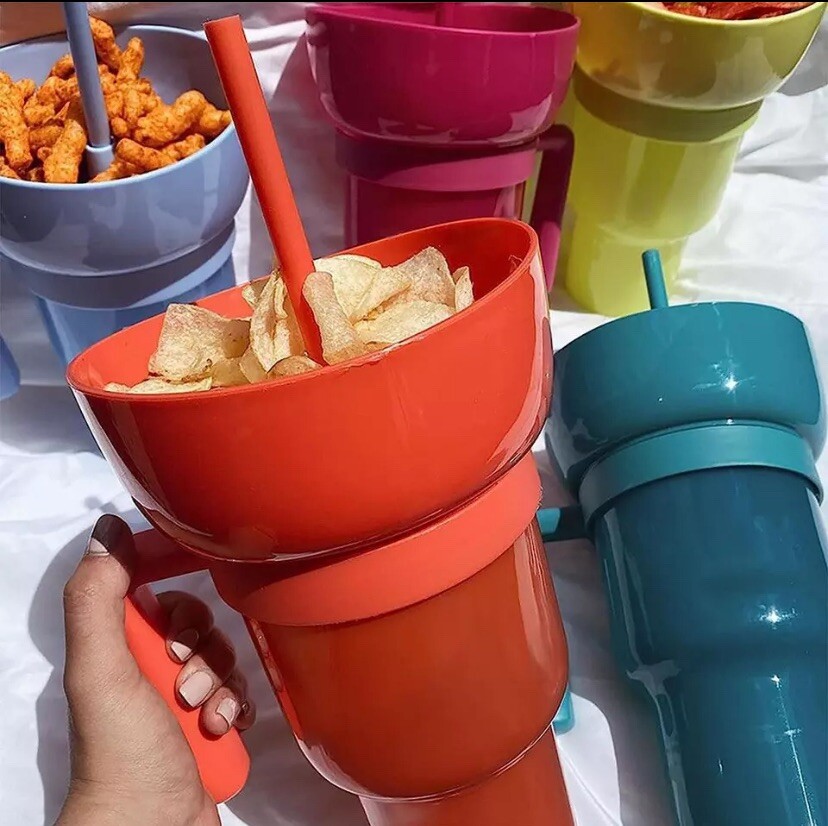 32 oz Insulated Tumbler with Snack Bowl Handle & Reusable Straw