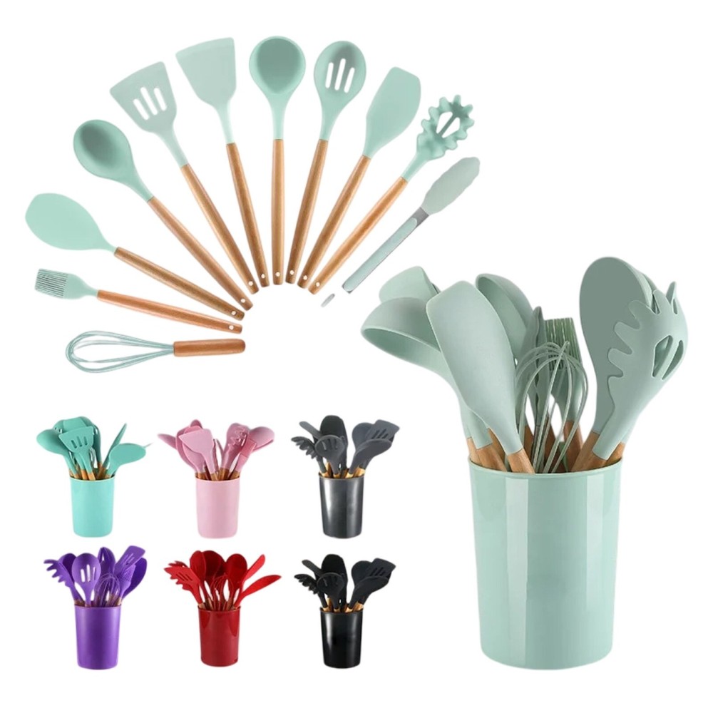 12Pcs Kitchen Cooking Utensils Set Heat Resistant Non-Stick Silicone Wooden US