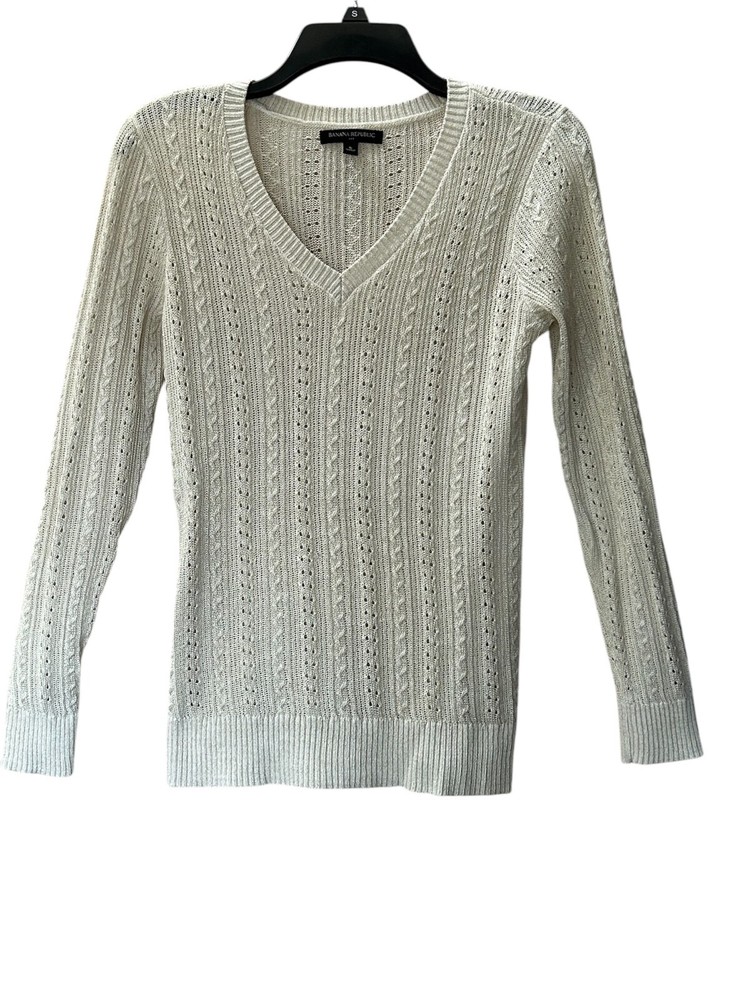 Banana Republic Ivory Cream Metallic Accent Cable Knit V-Neck Sweater Size S