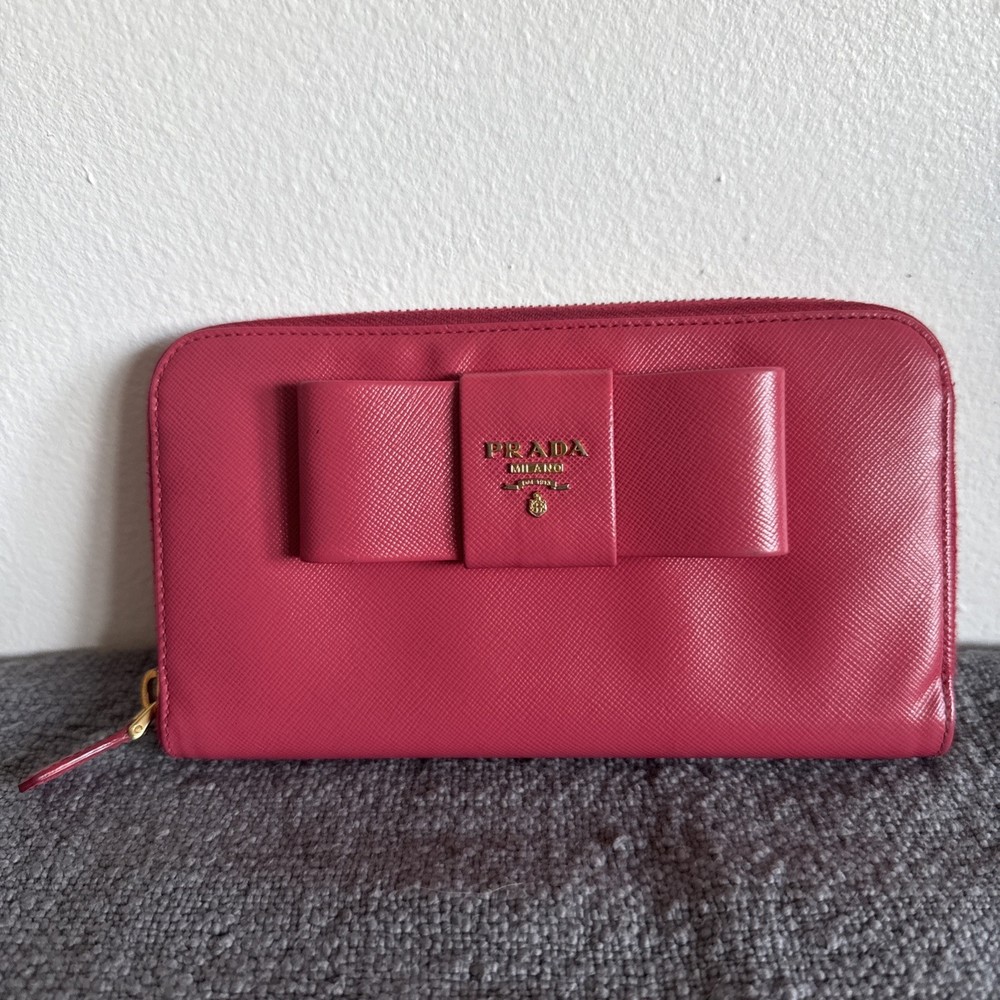 Prada Saffiano Leather Bow Ribbon Bifold Wallet Long Pink Peonia