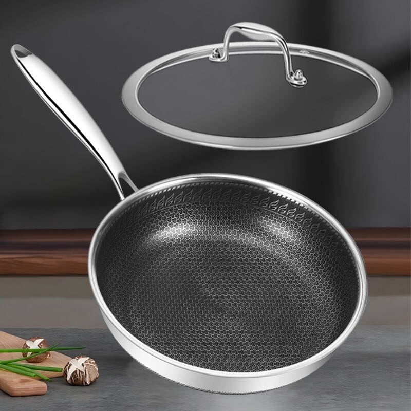 2.5 Qt Deep Stainless steel wok with Lid,Honeycomb Design,10.5 inches Frying Pan