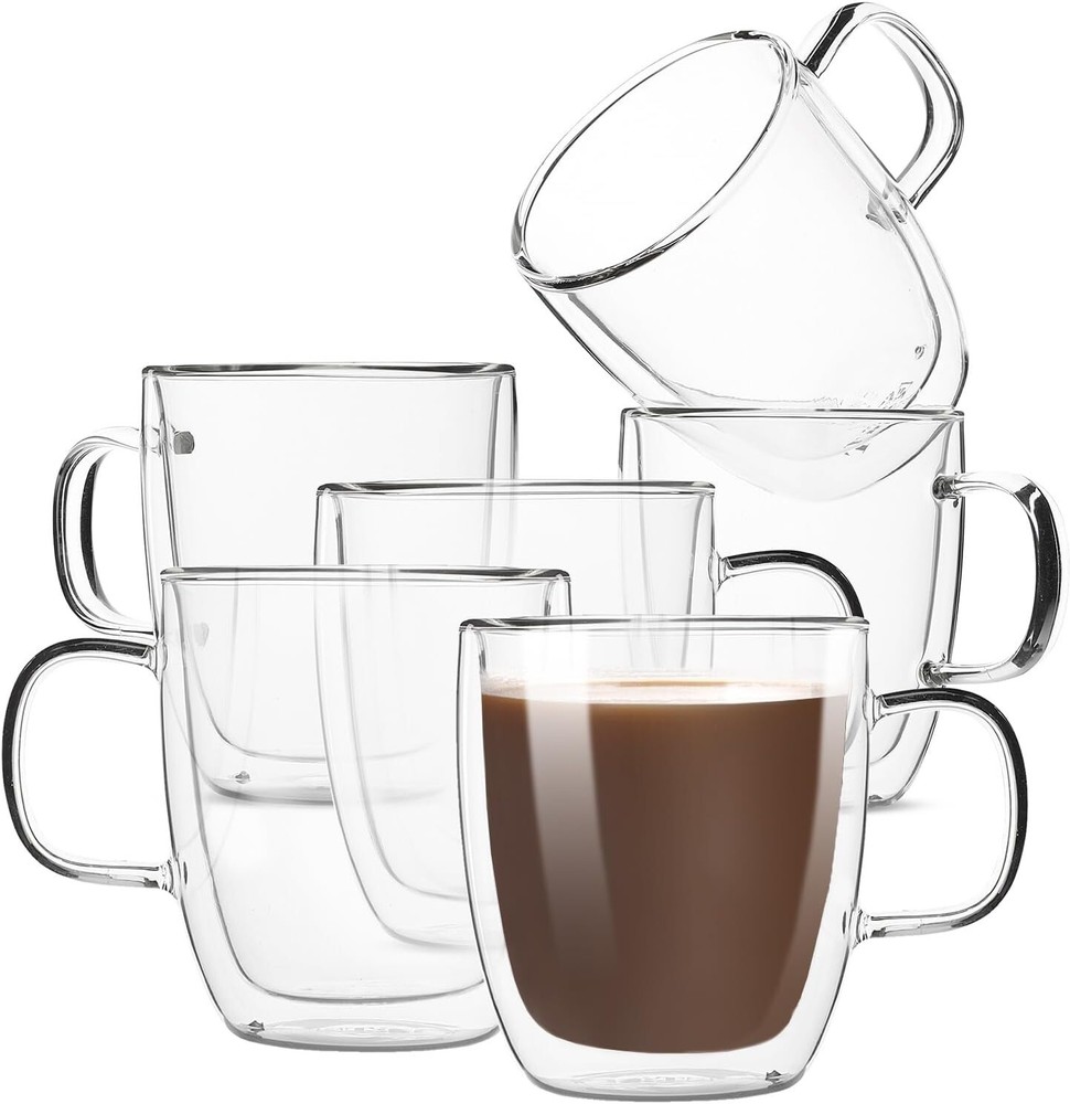 12 oz Double Wall Insulated Glass Coffee Cups - Set of 6 Perfect for Gatherings