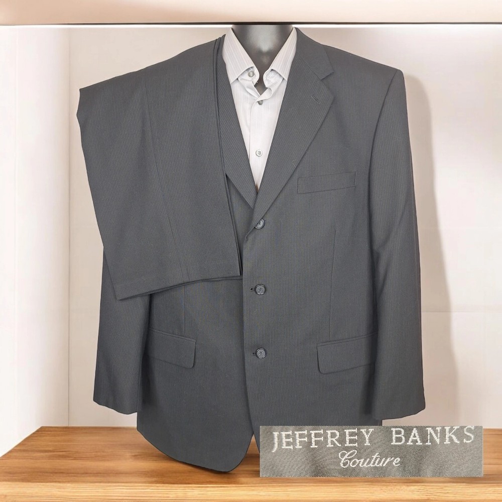 Jeffrey Banks Mens Black Textured Stripe Wool Suit 2-Piece 44R 36x30 Ventless