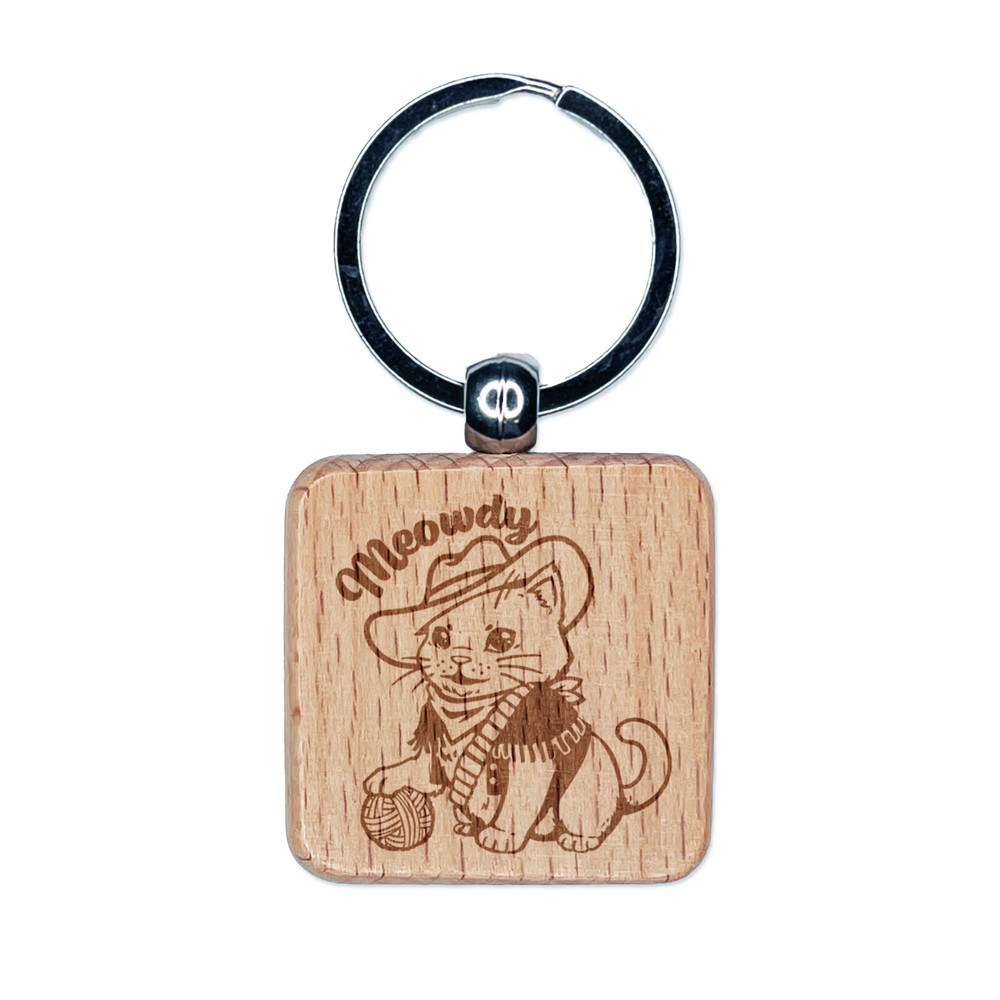 Adorable Cowboy Cat Meowdy Howdy Engraved Wood Square Keychain Tag Charm
