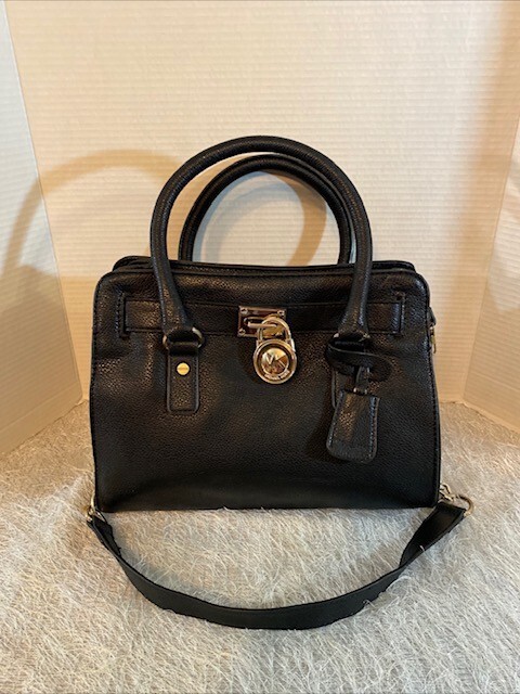 Michael Kors Hamilton Large Satchel Black Leather Purse Handbag W/Gold Hardware