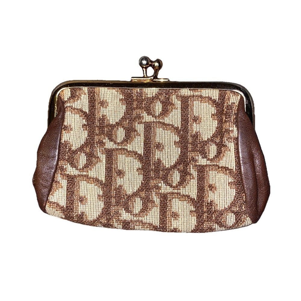 Vintage Christian Dior Trotter Coin Purse Brown Canvas Leather Clasp Case