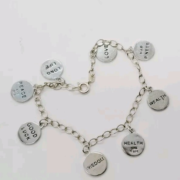 Sterling Silver 925 Dangling Oriental Charm Bracelet 7.5 in Long Life Peace