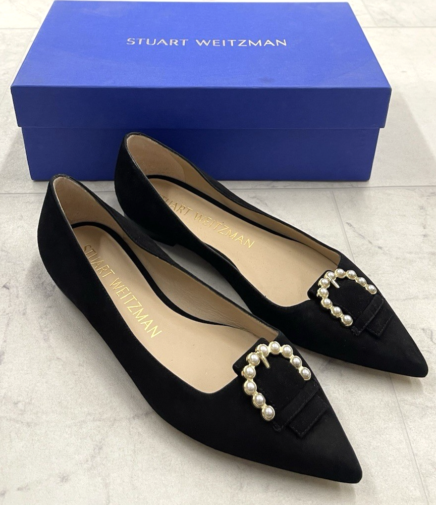New Stuart Weitzman Pearl Buckle Leather Flats In Black Size: 38 (US 7.5)