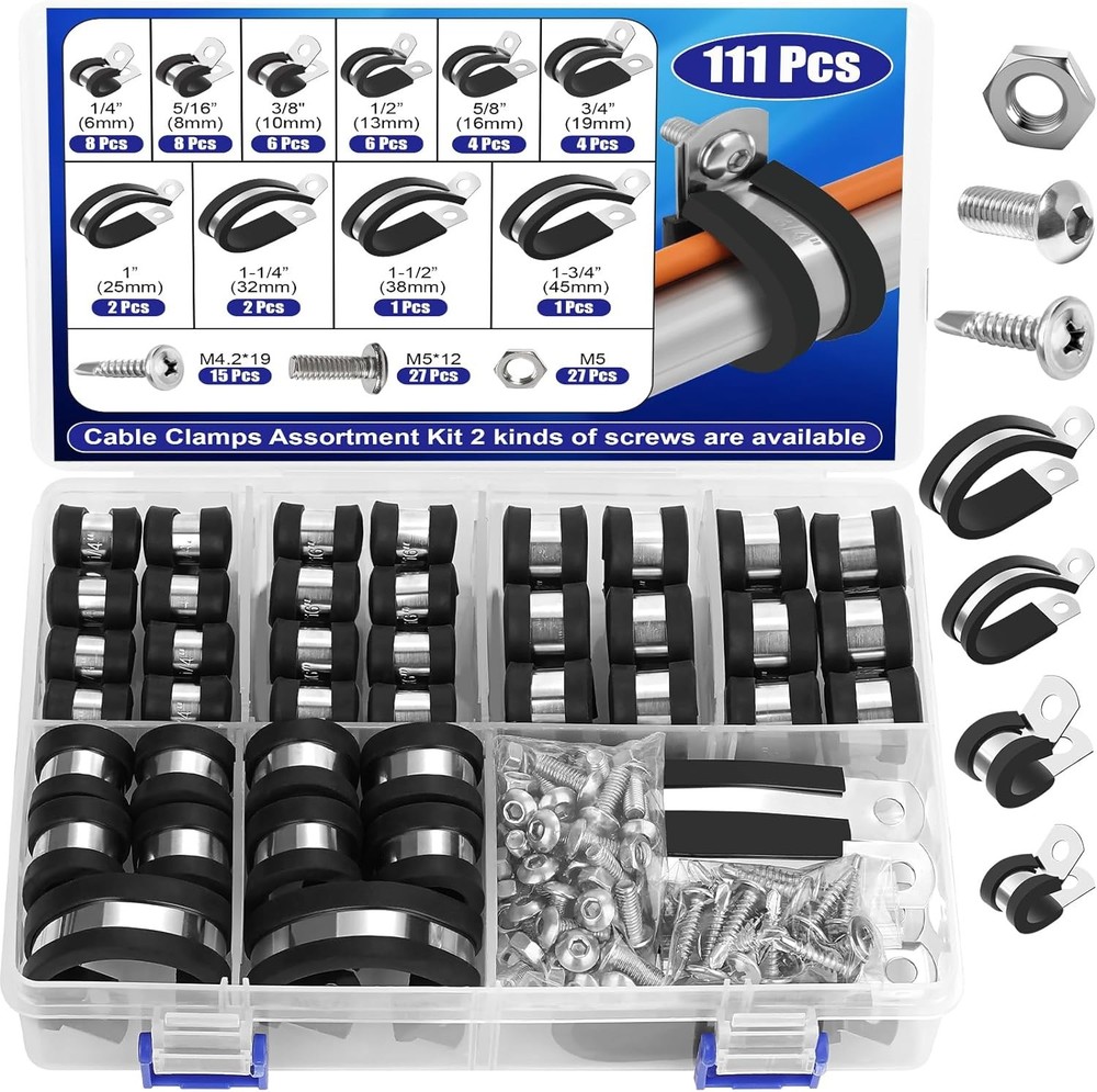 111 Pcs Cable Clamps - 10 Size Pipe Clamps Assortment Kit 304 Stainless Steel Ru