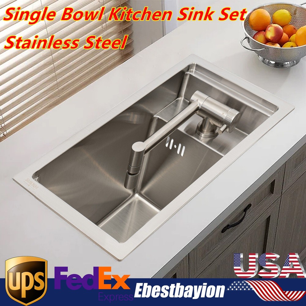 Stainless Steel Single Bowl Bar Sink Set with Hidden Folding Faucet