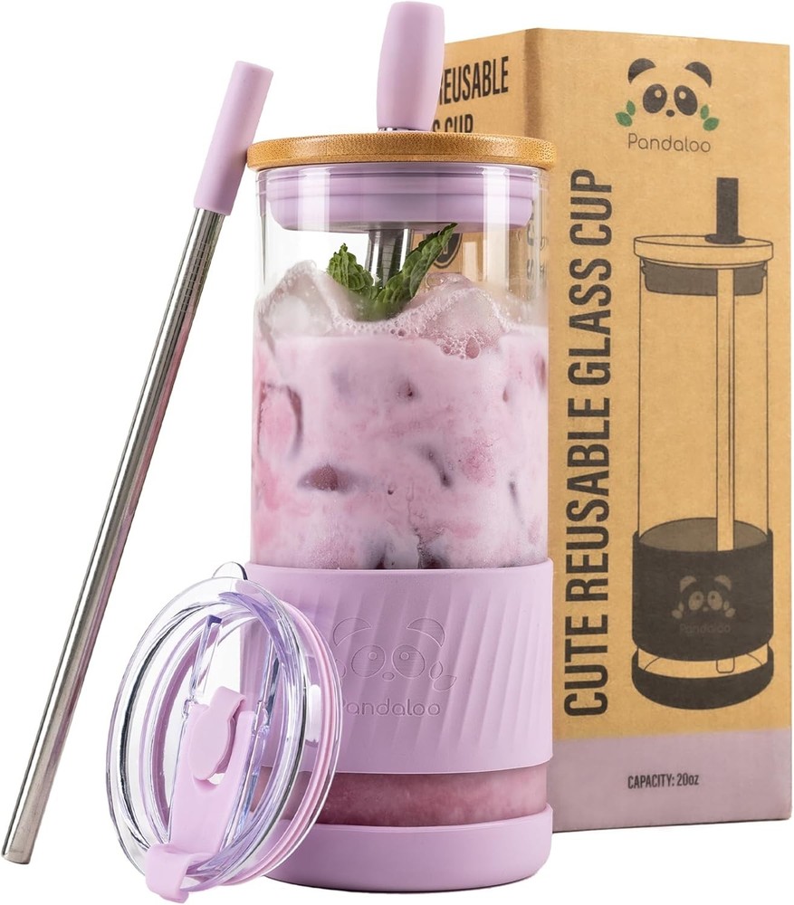Pandaloo Glass Tumbler 20 oz with Lids & Straw Iced Coffee Smoothie Cup Lilac