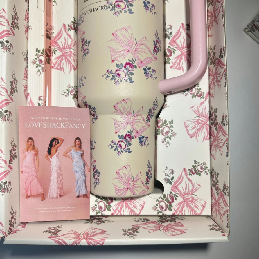 Stanley X Love Shack Fancy 40oz Holiday Quencher Cup in Rosa Beaux Pink with Gift Box