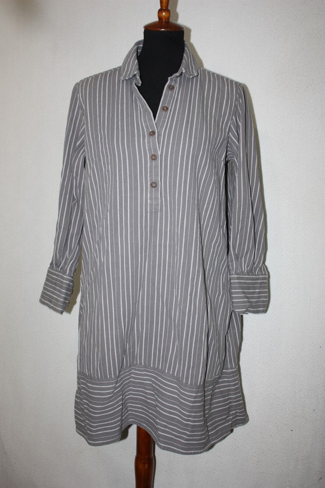 People Tree Sz 8 Gray Striped Organic Cotton Popover Long Sleeve Pocket Dress