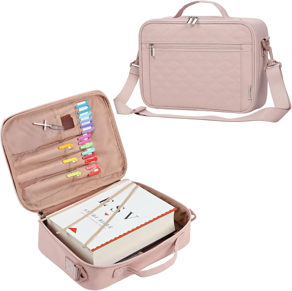 Bible Cover Case for Women, Large Pink Church Bag with Shoulder Strap