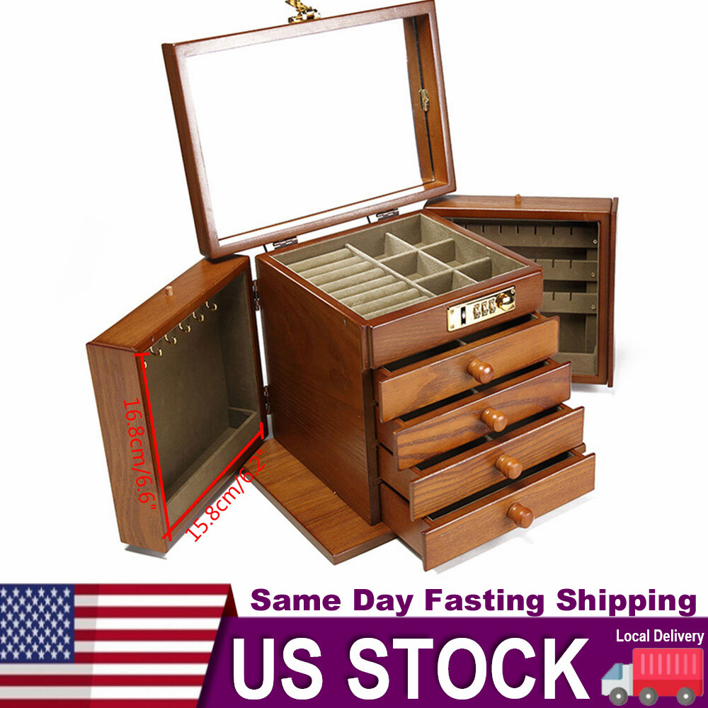 5 Layers Vintage Large Jewelry Organizer Wooden Storage Box Case with 4 Drawers