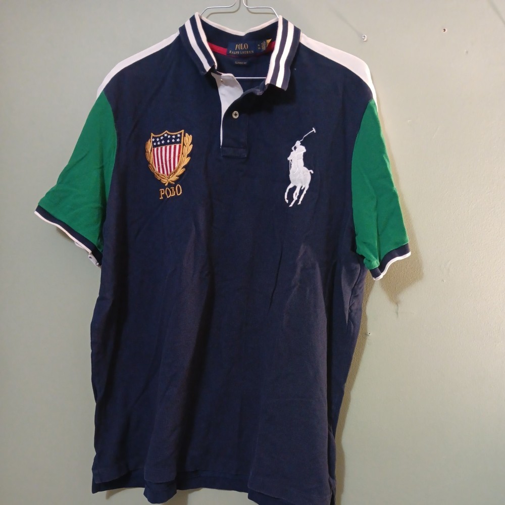 Rare Polo Ralph Lauren Men’s Polo USA Flag Crest Big Pony Logo Shirt XL Navy