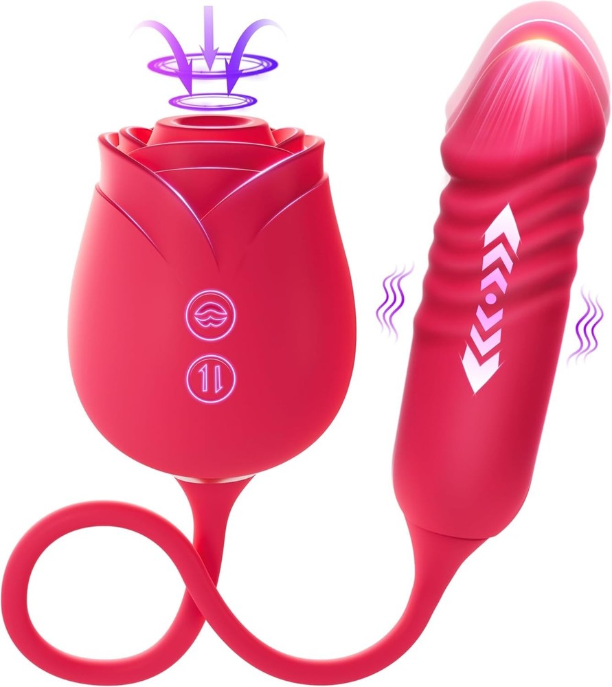 Rose Clitoral Vibrator with Thrusting Dildo & Nipple Suckers for G-Spot Massage