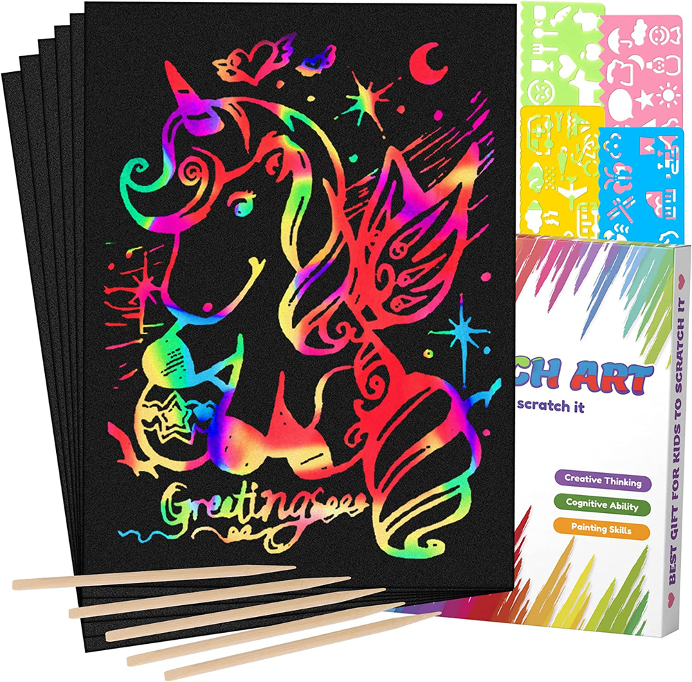 Mocoosy 60 Pcs Scratch Art Paper for Kids, Rainbow Magic Scratch off Paper Set A