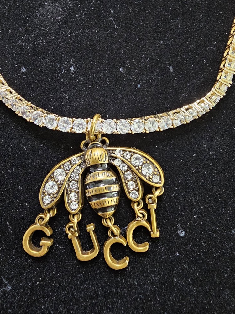 Upcycled GG bee Charm On VvS Tennis Necklace With Upcycled GG Bee Earrings