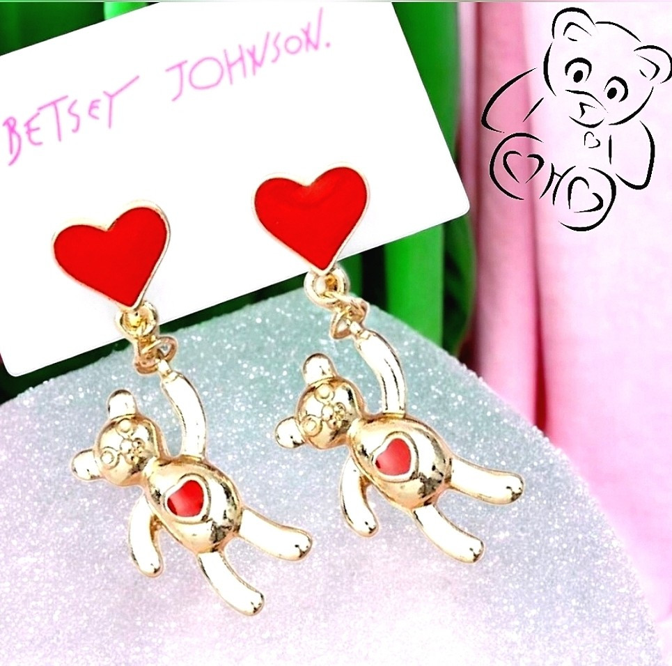 Betsey Johnson Gold Plated Crystal Teddy Bear Heart Earrings Silver Post