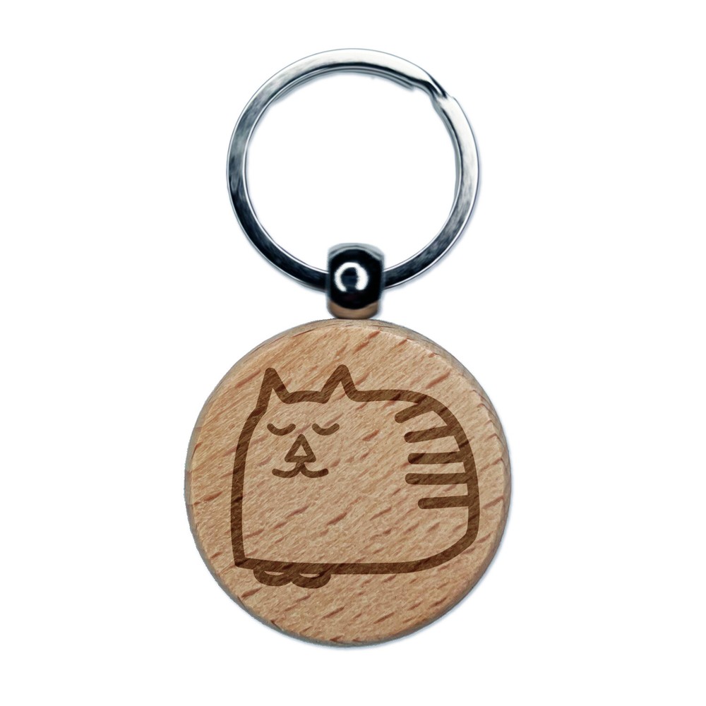 Sleeping Cat Doodle Engraved Wooden Keychain Charm Tag