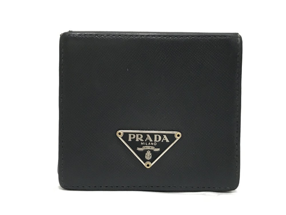 Prada Saffiano Leather Compact Hook Wallet with Coin Case in Black