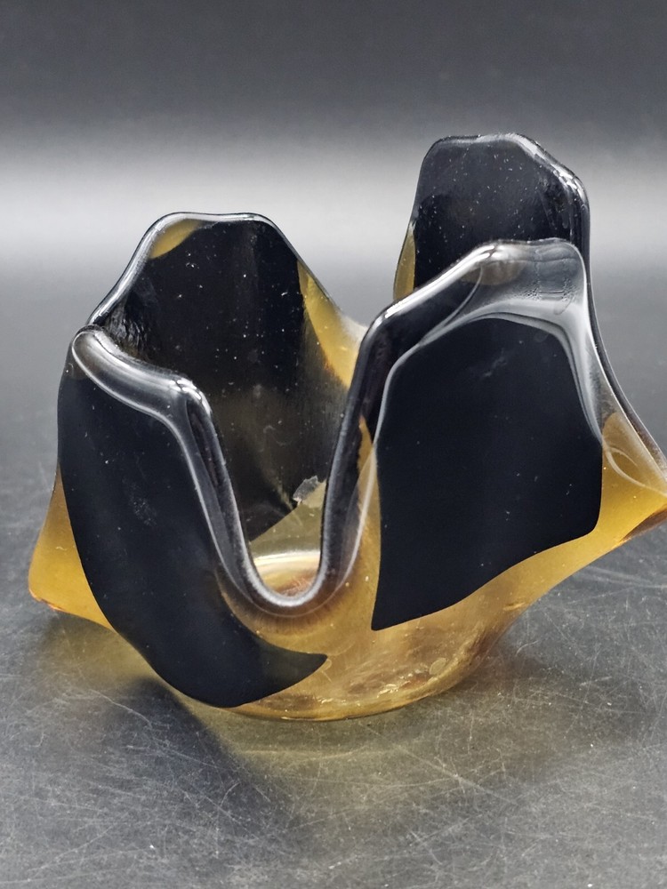 Handkerchief Art Glass Tealight Holder in Amber & Black Signed