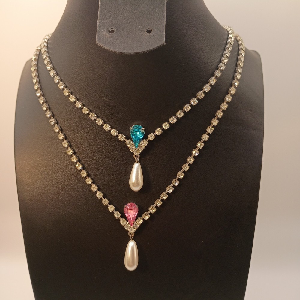 Vintage Rhinestone Necklace Lot Silver Tone Blue Pink Bridal Prom Spring Summer