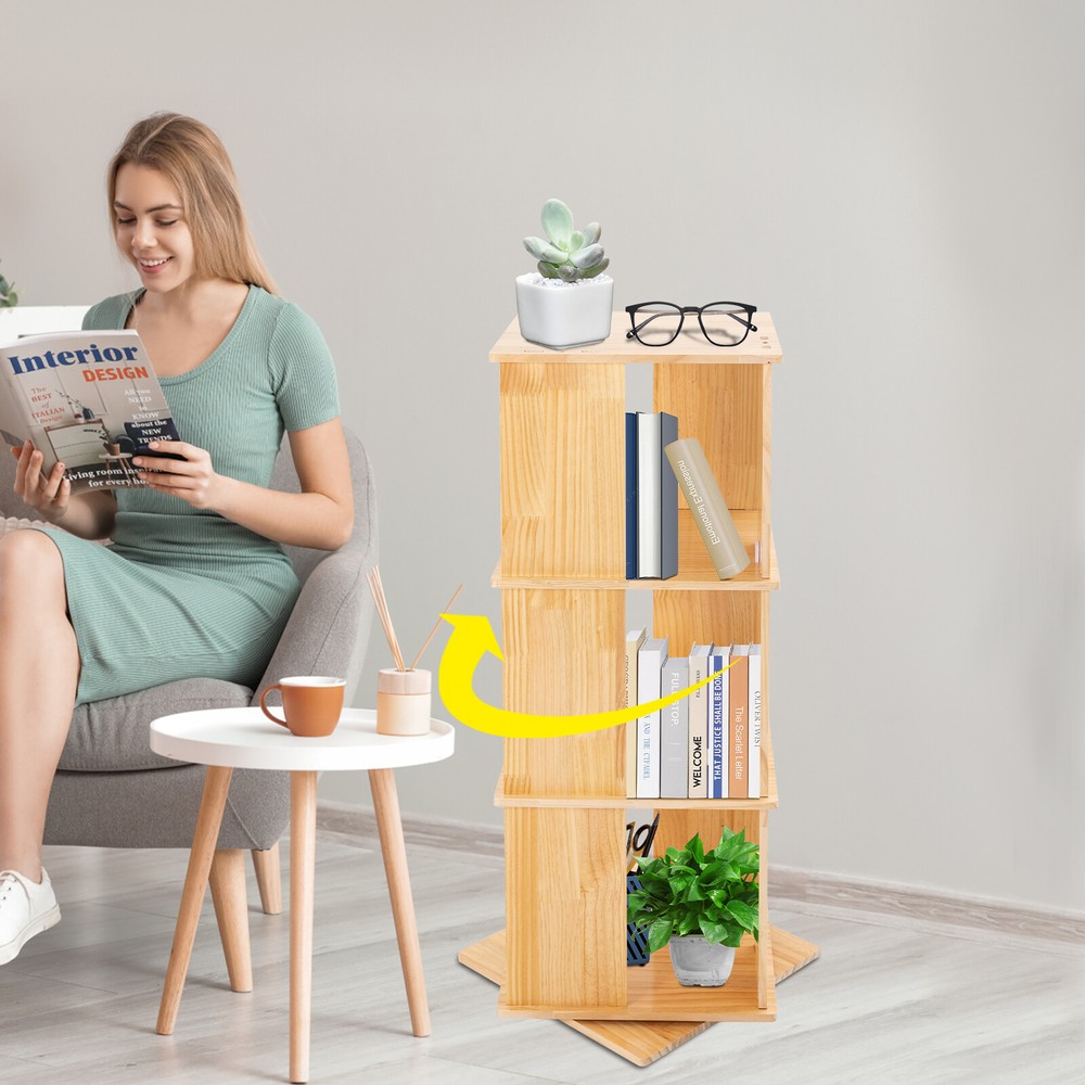 3-Tier 360° Rotating Wood Bookcase Floor Standing Storage Rack